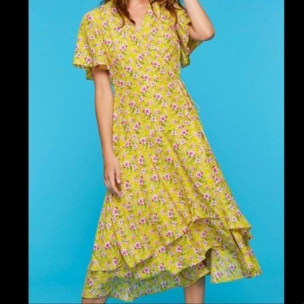 ROBERTA ROLLER RABBIT PINK FLORAL RUFFLE HEM WRAP FLUTTER SLEEVE MIDI DRESS S